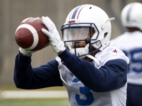 Montreal Alouettes' Chris Williams, hauling in a pass during a practice in Montreal on Monday, May 28, 2018, is a former Lion and might have something to prove Saturday night in Vancouver.