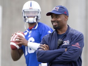 Montreal Alouettes offensive coordinator Khari Jones watches drills during a team practice in Montreal on Monday, May 28, 2018.