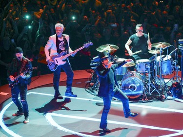 U2, The Edge, Adam Clayton, Bono and Larry Mullins, Jr. in concert at the Bell Centre in Montreal Tuesday June 5, 2018.