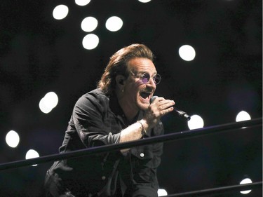 Bono performs during U2 concert at the Bell Centre in Montreal Tuesday June 5, 2018.