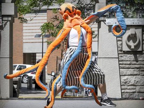 Sydney Hayduk does her dancing octopus routine while previewing her Jellyfish are Immortal show that she will be performing at the Fringe Festival, in Montreal Tuesday, June 12, 2018.