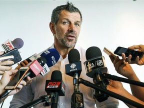 Montreal Canadiens general manager Marc Bergevin meets reporters to talk about trading Alex Galchenyuk for Max Domi in Montreal Saturday, June 16, 2018.