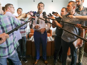 Canadiens general manager Marc Bergevin meets with reporters at the Bell Centre in Montreal on June 16, 2018, a day after trading Alex Galchenyuk to the Arizona Coyotes in exchange for Max Domi.