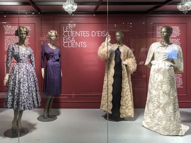 From left: a day dress in printed silk, early 1950s; a day dress and bolero in silk, early 1950s; an evening coat, about 1964; a silk damask silk dress and cape, about 1960;  all by Cristóbal Balenciaga.