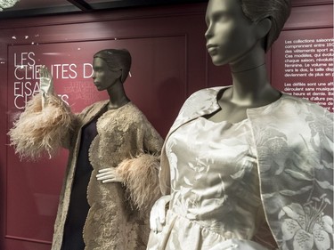 From left: an evening coat of net and ostrich feathers lined with silk organza; a silk damask dress and cape, about 1960; both by Cristóbal Balenciaga.