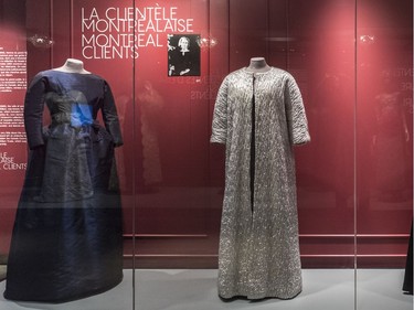 From left: an evening dress in silk taffeta, 1962; an evening coat in quilted lame, 1963; both by Cristóbal Balenciaga.