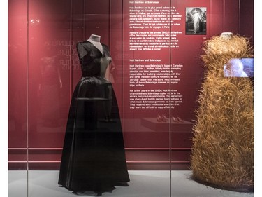From left: an evening dress in silk satin, 1960; an evening dress and jumpsuit in silk and ostrich feathers, 1966; both by Cristóbal Balenciaga.