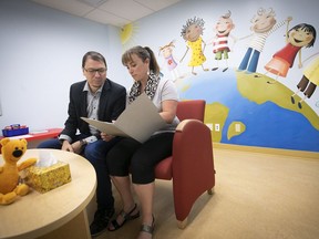 Jean-Pierre Aubin, director of Fondation Marie-Vincent, with Annie Fournier, the organization's director of professional services, in a counselling room at the Papineau St. centre.