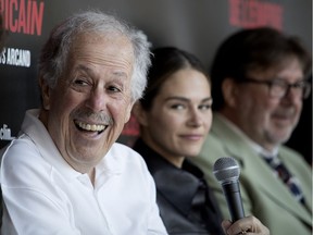 The brazenness of the daytime Flawnego boutique shooting informed La chute de l’empire américain, but “then (the film) evolved into something else,” says Denys Arcand, left, with actors Maripier Morin and Rémy Girard at Place des Arts on June 19.