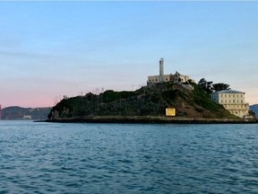 Alcatraz at the starting line of Alcatraz Sharkfest, a swim from the famous prison in San Francisco Bay to the mainland.