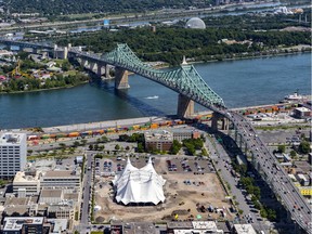 Aerials of the world's largest Big Top tent on Sainte-Catherine St. East just east of the Jacques-Cartier Bridge in Montreal, on Tuesday, June 26, 2018, for the upcoming production of Cavalia's Odysseo.