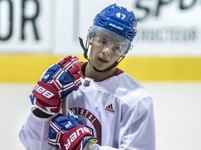 Jesperi Kotkaniemi, the Canadiens’ first-round pick (third overall) at the 2018 NHL Draft, takes break during practice session at the Bell Sports Complex in Brossard on June 29, 2018, during the team’s evaluation camp.