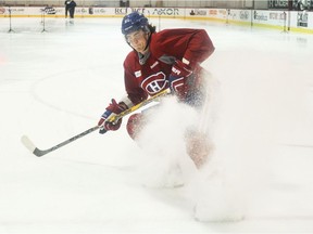 Canadiens prospect Arvid Henrikson puts on the brakes during skating drill at the team's development camp at the Bell Sports Complex in Brossard on July 4, 2016.
