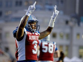 Montreal Alouettes quarterback Vernon Adams Jr. celebrates scoring a touchdown against the Winnipeg Blue Bombers at Molson Stadium in Montreal on Aug. 26, 2016.