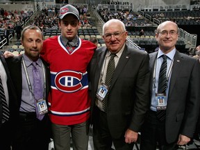 Canadiens’ vice-president of player personnel Trevor Timmins, from left, draft pick Tim Bozon and scouts Elmer Benning and Alvin Backus at the 2012 NHL Entry Draft in Pittsburgh. The Canadiens announced on Wednesday that the team will not renew Backus’ contract when it expires on June 30.