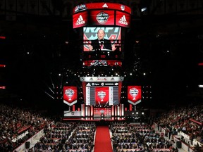 Commissioner Gary Bettman speaks to the crowd during the 2017 NHL Draft at the United Center on June 23, 2017, in Chicago.