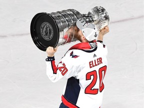 Lars Eller kisses the Stanley Cup after scoring game-winning goal in 4-3 victory over the Golden Knights in Las Vegas in Game 5 of the best-of-seven final on June 7, 2018.