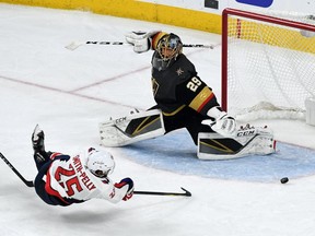 Devante Smith-Pelly of the Washington Capitals scores a third-period goal against Marc-Andre Fleury of the Vegas Golden Knights in Game Five of the 2018 NHL Stanley Cup Final at T-Mobile Arena on June 7, 2018 in Las Vegas, Nevada.