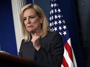 U.S. Secretary of Homeland Security Kirstjen Nielsen speaks on migrant children being separated from parents at the southern border during a White House daily news briefing at the James Brady Press Briefing Room of the White House June 18, 2018 in Washington, DC. Nielsen joined White House Press Secretary Sarah Sanders at the daily news briefing to answer questions from members of the White House Press Corps.   (Photo by Alex Wong/Getty Images) ORG XMIT: 775179048