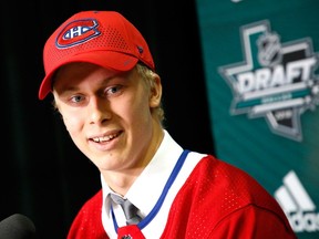 DALLAS, TX - JUNE 23:  Jesse Ylonen speaks to the medai after being selected 35th overall by the Montreal Canadiens during the 2018 NHL Draft at American Airlines Center on June 23, 2018 in Dallas, Texas.