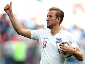 Harry Kane of England is seen with the matchball following scoring a hatrick in his sides victory in the 2018 FIFA World Cup Russia group G match between England and Panama at Nizhny Novgorod Stadium on June 24, 2018 in Nizhny Novgorod, Russia.  (Photo by Alex Morton/Getty Images)