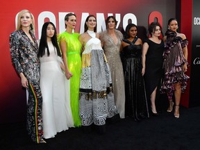 Members of the cast (from left) Australian actress Cate Blanchett, rapper/actress Awkwafina, US actresses Sarah Paulson, Anne Hathaway, Sandra Bullock, Mindy Kaling, British actress Helena Bonham Carter and Barbadian singer/actress Rihanna attend the world premiere of Ocean's 8 on June 5, 2018 in New York.                              Ocean's 8 will be released nationwide on June 8, 2018.