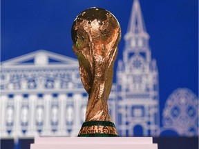 The World Cup winner's trophy is seen during the 68th FIFA Congress at the Expocentre in Moscow on June 13, 2018.