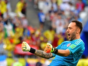 Colombia's goalkeeper David Ospina celebrates his team's goal during the Russia 2018 World Cup Group H football match between Senegal and Colombia at the Samara Arena in Samara on June 28, 2018. (LUIS ACOSTA/AFP/Getty Images)