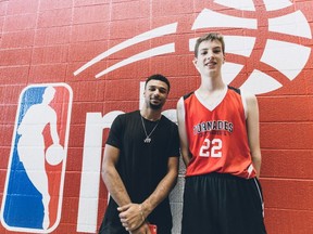 Denver Nuggets guard Jamal Murray, left, poses for a photo with Olivier Rioux, 12, in St. Catharines, Ont., in this recent handout photo. A grinning Denver Nuggets guard Jamal Murray posed for a photo at last weekend's regional finals for the Jr. NBA world championship in St. Catharines, Ont., with a 12-year-old boy. Murray requested the selfie, not the other way around. Why? Because standing a sky-high six-foot-10, Olivier Rioux towers over the Canadian NBA player by seven inches.