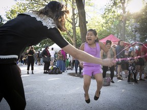 Jelena Crow, 7, from the village of Umiujaq, skips rope during National Indigenous Peoples Day festivities at Cabot Square on Thursday, June 21, 2018.