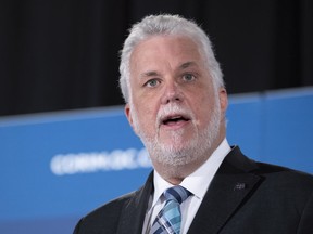 Quebec Premier Philippe Couillard delivers a luncheon speech in Montreal on Thursday, June 21, 2018.