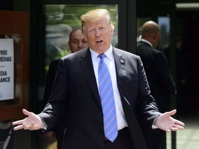 U.S. President Donald Trump leaves the G7 Leaders Summit in La Malbaie, Que., on Saturday, June 9, 2018.