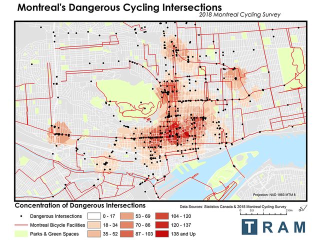 This image of dangerous intersections for cyclists in Montreal was created by TRAM - Welcome to the Transportation Research At McGill. TRAM is a group of researchers, faculty members, and students who conduct research primarily in the field of transportation planning and operations.