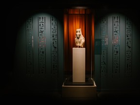 A limestone bust of the goddess Mut is on display in the Queens of Egypt exhibition.