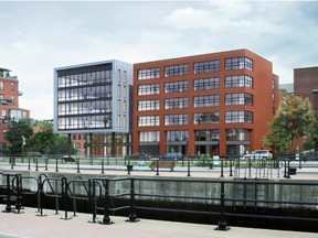 Artist rendering of a new office building being planned along the Lachine Canal by Groupe Mach, a real-estate developer. The new building, expected to be used for Airbnb's Montreal headquarters, is to go up between the Redpath Lofts (far left) and the Corticelli Lofts (far right). Source: Groupe Mach