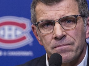 Canadiens general manager Marc Bergevin speaks to reporters during an end-of-season news conference at the Bell Sports Complex in Brossard on April 9, 2018.