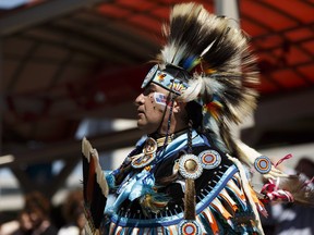 Kevin Buffalo dances during an advance celebration of National Indigenous Peoples Day in Edmonton  this month.