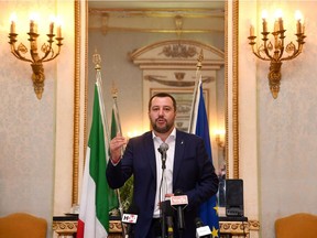 Interior Minister Matteo Salvini talks during a press conference in Genoa, Italy, Friday, June 15, 2018. (Luca Zennaro/ANSA via AP) ORG XMIT: GEN104