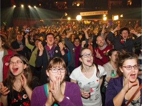 Québec solidaire supporters cheer Quebec provincial election results at gathering in Montreal Monday April 7, 2014. "Québec solidaire will not gain power anytime soon, but it is spreading its wings and ideas," Lise Ravary writes.