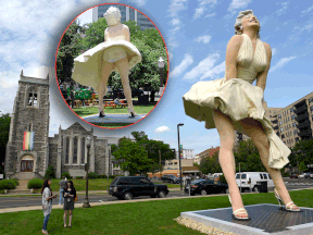 These Thursday, June 7, 2018, photos show Seward Johnson's "Forever Marilyn" sculpture in Latham Park in Stamford, Conn.