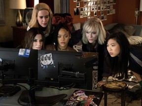 This image released by Warner Bros. shows, from foreground left, Sandra Bullock Sarah Paulson, Rihanna, Cate Blanchett and Awkwafina in a scene from "Ocean's 8."