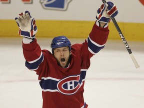 Canadiens forward Steve Begin celebrates goal by Roman Hamrlik during NHL playoff game at the Bell Centre in Montreal on April 12, 2008.