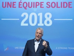 Premier Philippe Couillard at a general council meeting on Saturday. His government is investing $130 million over five years to create pre-K classes, obtain educational materials and train educators.