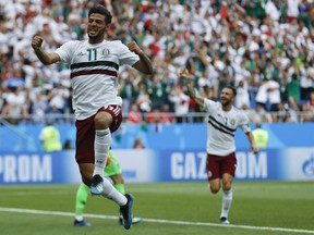 Mexico's Carlos Vela celebrates after scoring the opening goal during Group F action against South Korea at the 2018 World Cup at the Rostov Arena in Rostov-on-Don, Russia on Saturday, June 23, 2018.