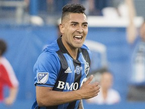 Montreal Impact's Jeisson Vargas reacts after scoring against the Houston Dynamo during first half MLS soccer action in Montreal, Saturday, June 2, 2018.