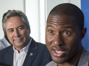 Impact executive vice-president Richard Legendre, left, and former Canadian international player as well as ambassador for the United 2026 bid Patrice Bernier speak to the media after the successful bid and awarding of the 2026 FIFA World Cup to Canada, Mexico and the United States.