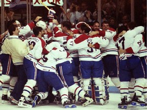 The Canadiens meet on the ice to celebrate their Stanley Cup victory on June 9, 1993, at the Montreal Forum. The Canadiens won their 24th Stanley Cup championship by defeating the Los Angeles Kings in five games.  MONTREAL GAZETTE    Can be used with Randy Boswell (Postmedia News) STANLEY-DROUGHT ORG XMIT: POS1306031411454313