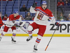 Czech Republic forward Filip Zadina celebrates his goal against Canada  in the IIHF world junior hockey championships Jan. 4, 2018, in Buffalo, N.Y. The Ottawa Senators, who have the fourth pick, have invited Zadina, a high-scoring forward from the Haifax Mooseheads, to visit the nation's capital next week. And Dobson scored dinner invites from the Detroit Red Wings and the Chicago Blackhawks, who pick sixth and eighth, respectively. The Canadiens also talked to him at the scouting combine in Buffalo this week.