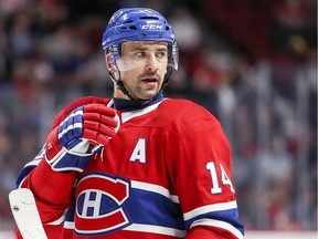 Tomas Plekanec gets ready to take faceoff for the Canadiens during NHL game against the New York Islanders at the Bell Centre in Montreal on Jan. 15, 2018.