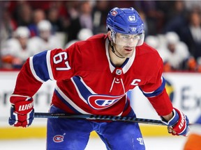 Canadiens captain Max Pacioretty lines up for a faceoff during first period of game against the New York Islanders in Montreal on Jan. 15, 2018.